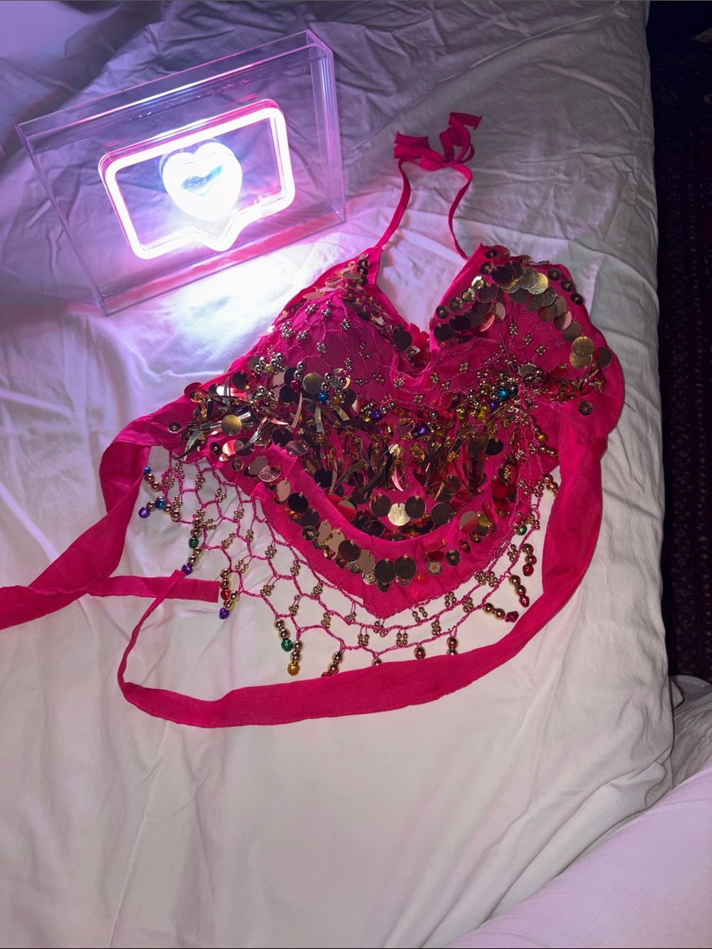 Girls Hot Pink Belly Dance Top with Gold Coin Fringe